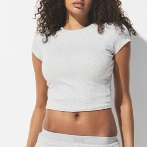 SKIMS Drop Needle Pointelle Gray Baby Tee Size L